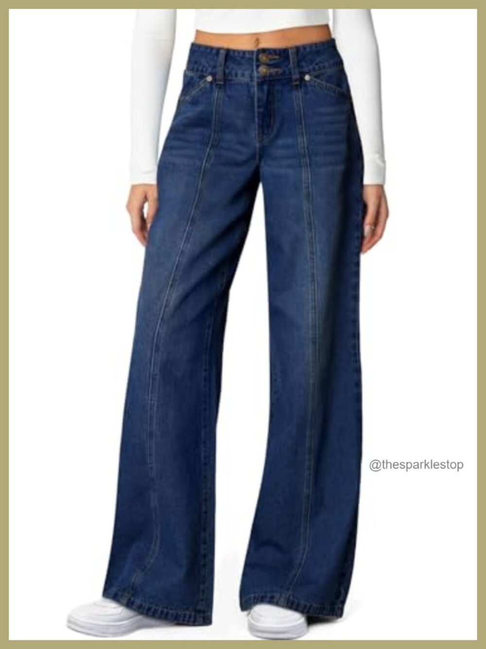High Waisted Wide Leg Stretchy Jeans with Pockets Seamed Front Double Buttons